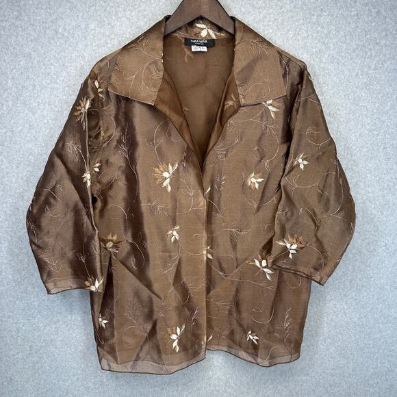Nira Nira New York Blouse Womens Size Large Brown Floral Embroidered 100% Silk - Picture 1 of 15